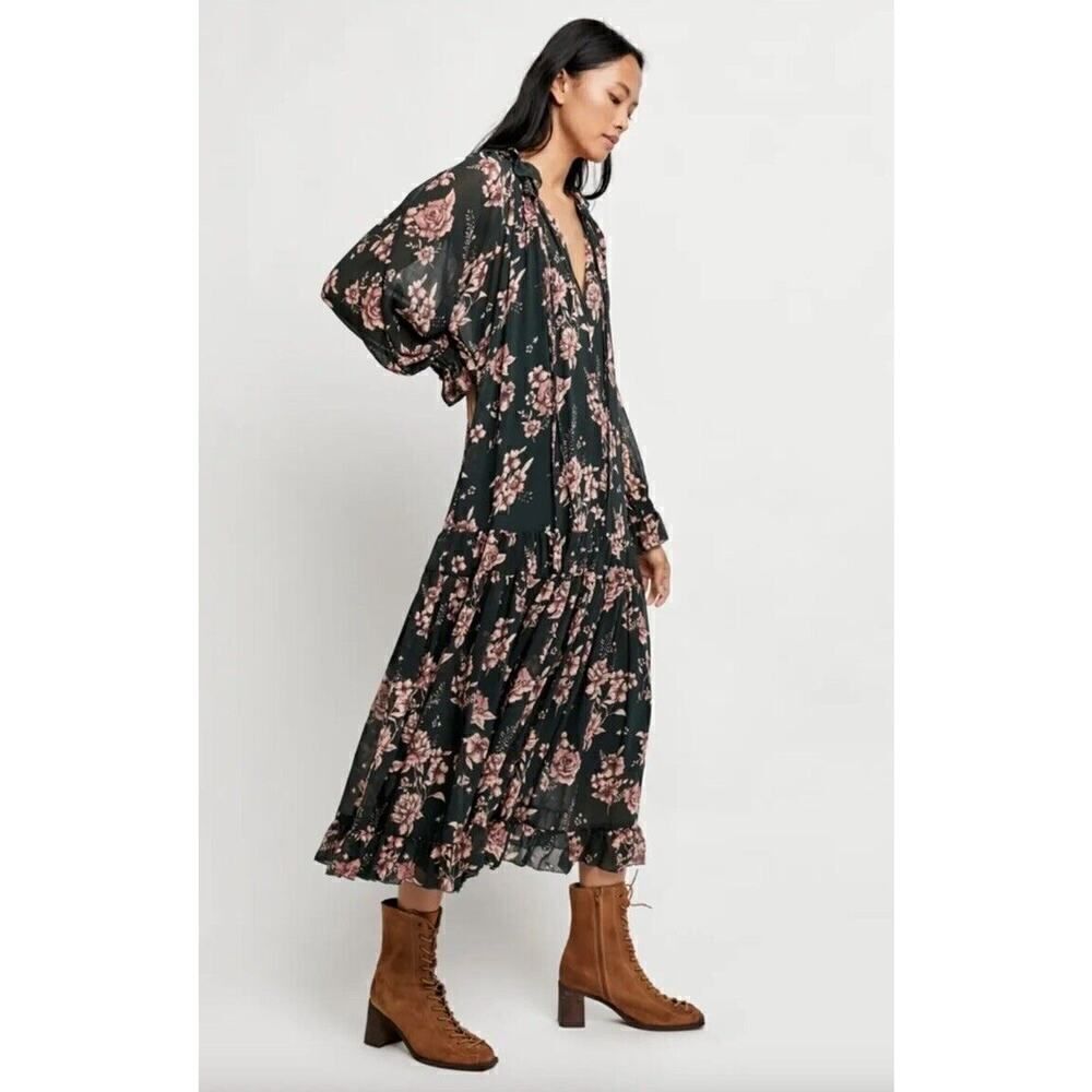 FREE PEOPLE Feelin' Groovy Maxi Tiered Chiffon Floral Black Peasant Dress Sz S